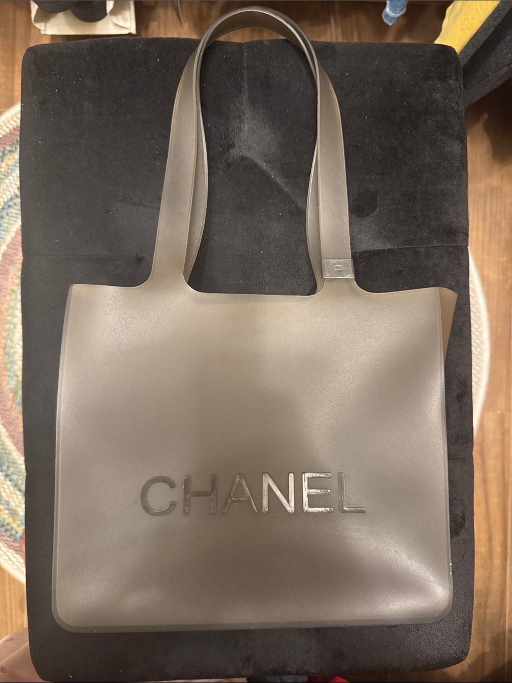 CHANEL Taupe Gray Smooth Logo Tote